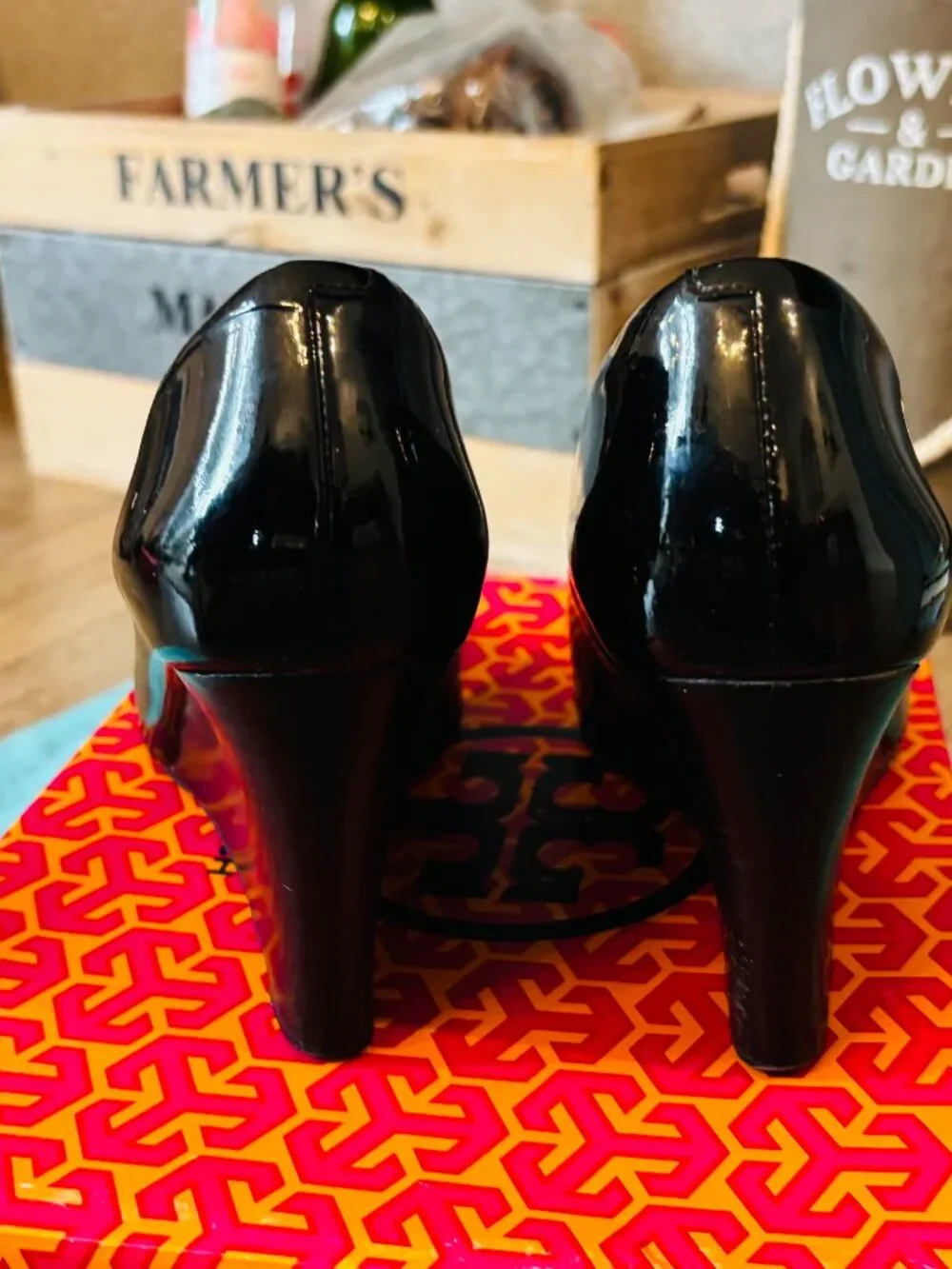 Tory Buch Patent Leather Peep Toe Jade Wedge